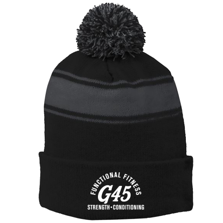 BLACK/Iron Grey Stripe Pom Beanie